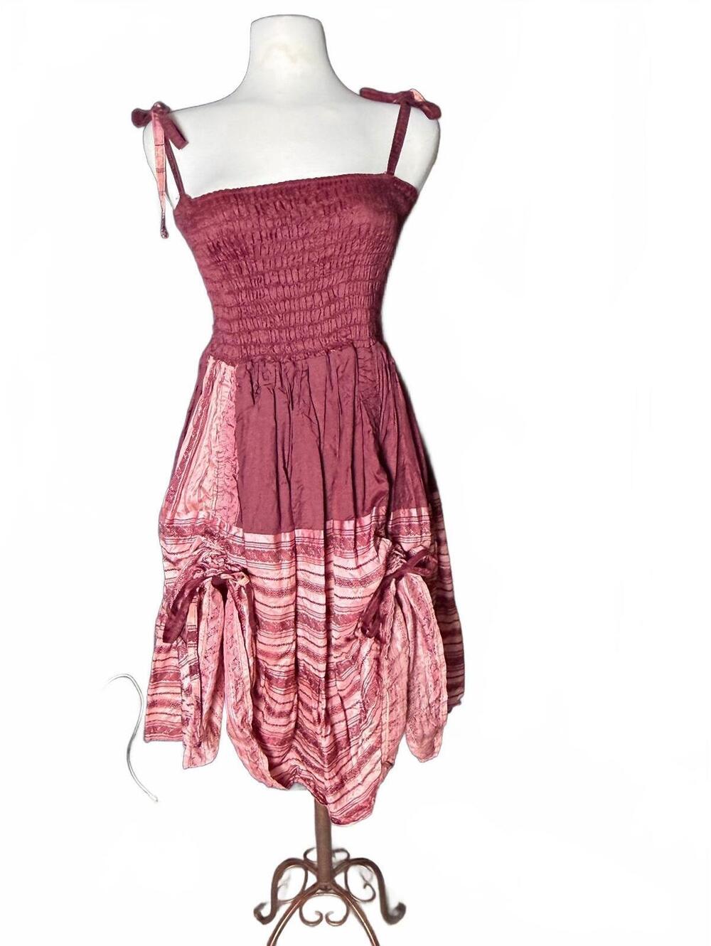 Silk Smocked Dress Burgundy Pink Bows Lined Boho Beach L/XLHandmade Sustainable